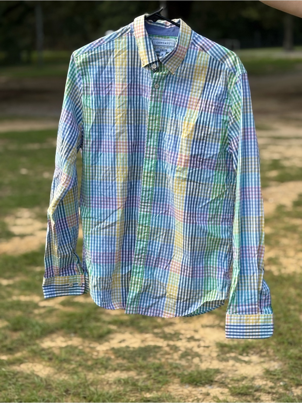 crown & ivy Pastel Plaid Button-Down Shirt - Blue, Green, Yellow